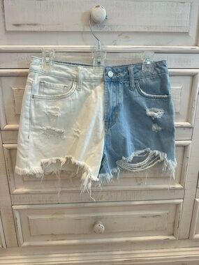 Los Angeles Apparel Two-Tone Distressed Denim Shorts - White & Light Blue